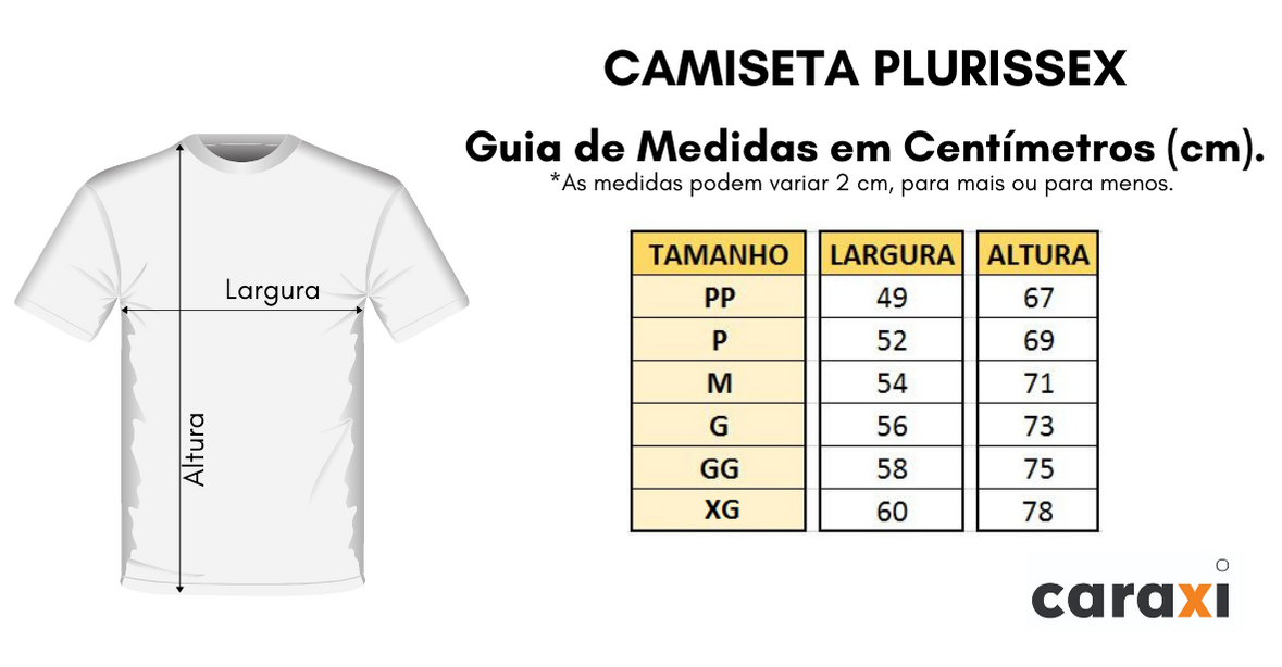 Guia de medidas Camiseta Plurissex Caraxi 
